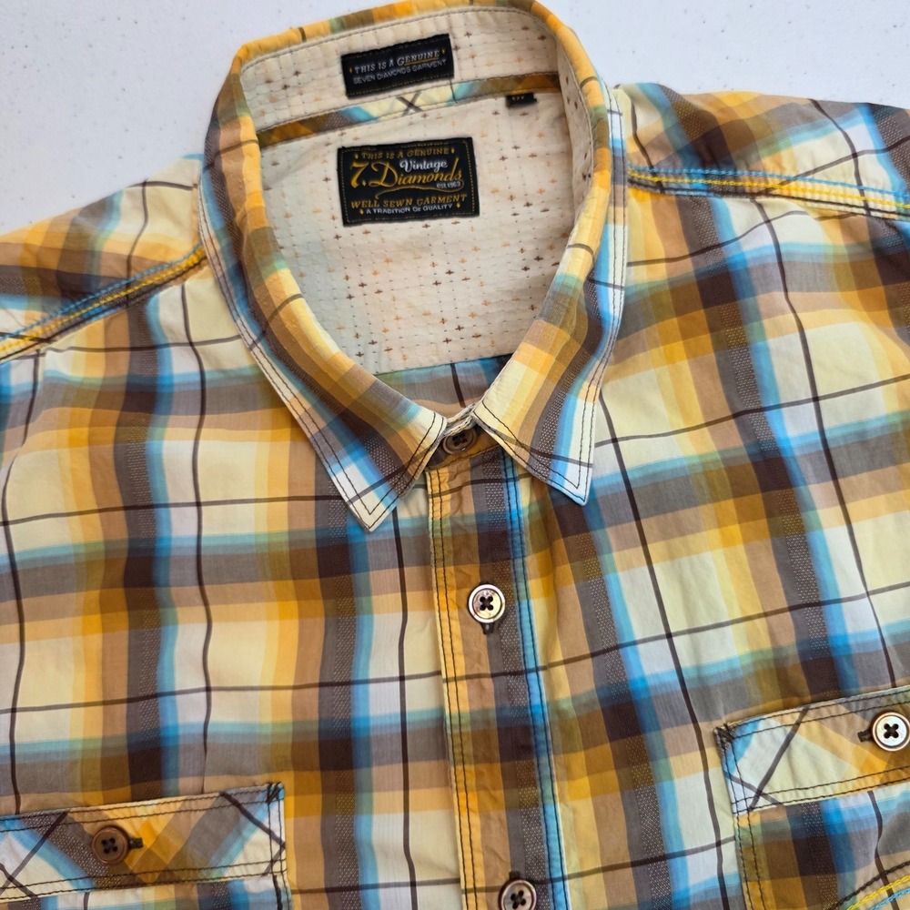 7 Diamonds Mens XL Short Sleeve Button UpShirt Yellow Blue Plaid Cotton